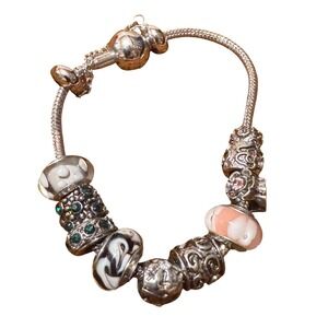 Silver Tone Snake Chain Charm Bracelet Glass Murano Beads Pink Green Rhinestone